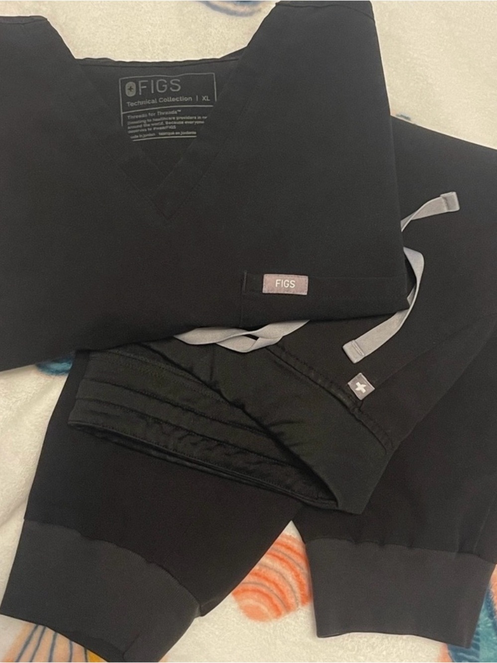 Figs Black V-Neck Scrub Top with Drawstring Pants